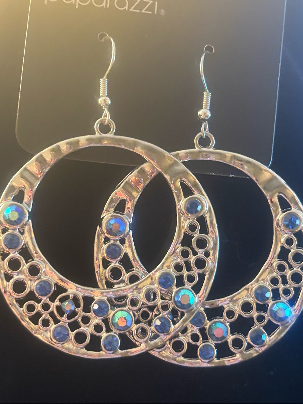 paparazzi Silver-Tone Hoop Earrings with Blue Iridescent Gems